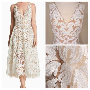 Dress The Population Sz S White Sequined Sparkle Cocktail Dress Fit & Flare Midi